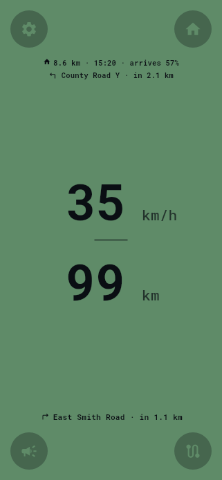 The riding screen: a green field, the speed and the range remaining, the way home along the top.