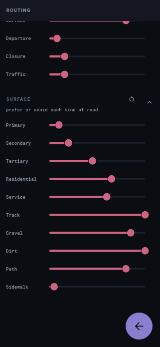 The routing screen's surface preferences, one row per road class.